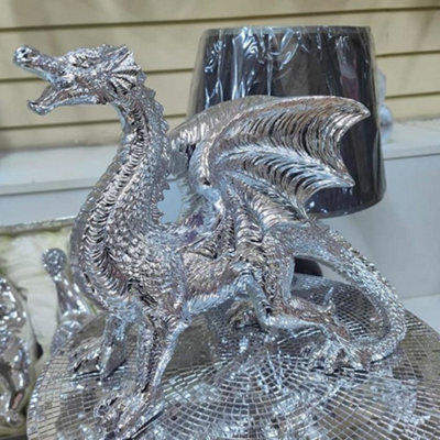 B&Q -  Large Silver Chrome Electroplated Welsh Dragon Ornament Statue Shelf Décor 36 X 49 X 26Cm