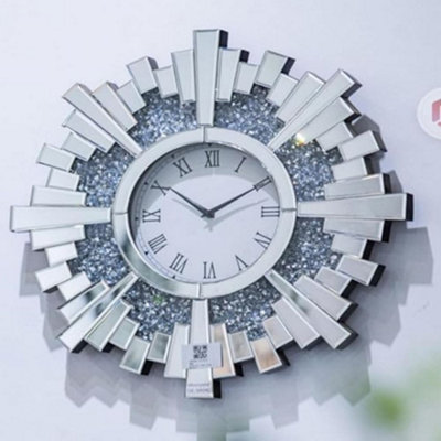 Biznest Crushed Jewel Round 60Cm Sunburst Mirrored Office Wall Clock Modern Living Room Badroom Decor from B&Q