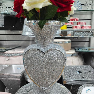 B&Q -  40Cm Heart Shape Crushed Diamond Glitter Silver Sparkle Flower Vase Luxury Home Decoration Flower Pot For Gift