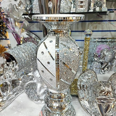B&Q -  40Cm Silver & White Vase Statue Sparkle Ornament Crushed Diamond Gift Mirrored Line Flower Pot
