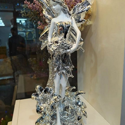 B&Q -  Luxury Italian Angel Lady Wings Decor Ornament White Silver Gypsy Romany Ceramic 45Cm
