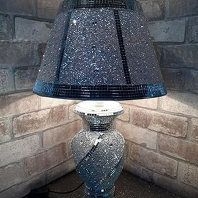 Biznest Silver Glitter Crushed Diamond Table Lamp With Shade Ornament Diamante Home Spiral Line from B&Q