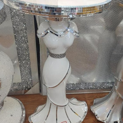 B&Q -  Italian Lady Mirrored Side Table Modern Plant Stands Bed Side Sparkle End Table (White)