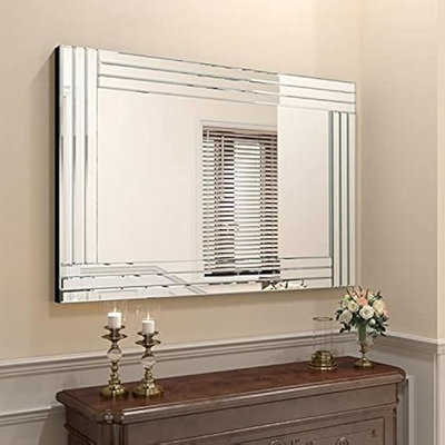 Biznest Large Wall Mirror Silver Bevelled Triple Strips Mdf Back Modern Glass Wall Mirror Home Decor Bedroom Living Room (60X90Cm) from B&Q