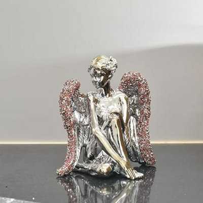 Biznest Sitting Angel With Wide Wings Crushed Ornament Sparkle Diamond For Gift Beautiful Decorative (Pink) from B&Q
