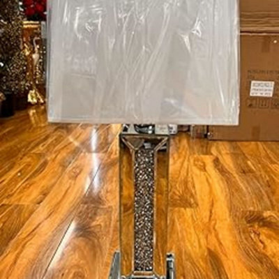 Biznest Large Bling Crushed Diamond Table Lamp White Shade Ceramic Mirrored Sparkling Bedside Home Decor (Rectangle Base) from B&Q
