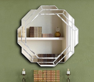 Biznest Large 60X60 Round Silver Dual Octagonal Wall Mirror Wall Hanging Ornament Stylish Home Decor Bedroom Bathroom Living Room from B&Q