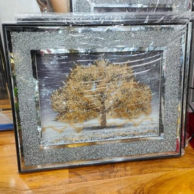Biznest Crushed Crystal Silver Blossom Tree Modern 3D Glitter Liquid Art Wall Art 45X45Cm (Gold) from B&Q
