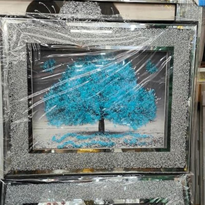 Biznest Crushed Crystal Silver Blossom Tree Modern 3D Glitter Liquid Art Wall Art 45X45Cm (Blue) from B&Q