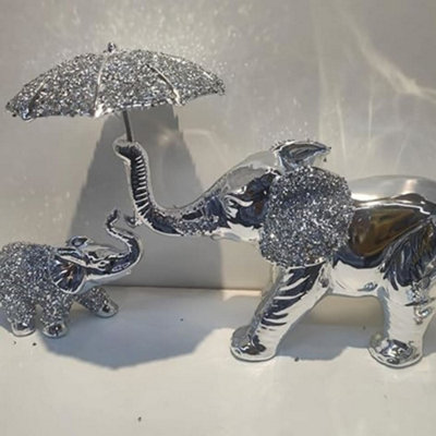 Biznest Crushed Jewel Elephant With Umbrella & Baby Elephant Beautiful Decorative Shelf Ornament Sparkle from B&Q