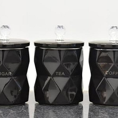 Biznest Set Of 3 Marble Design Coffee Tea Sugar Canisters Container Kitchen Jar Pots Crystal Best For Gift Home Decor (Black) from B&Q