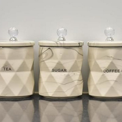 Biznest Set Of 3 Marble Design Coffee Tea Sugar Canisters Container Kitchen Jar Pots Crystal (Cream) from B&Q