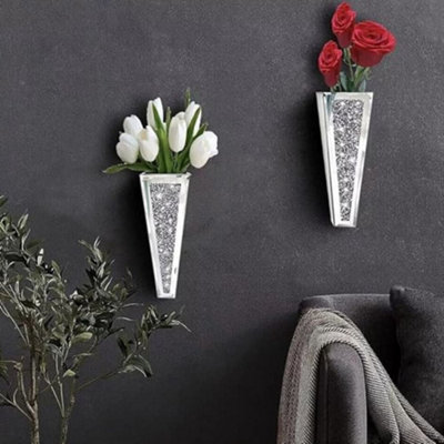 B&Q -  Set Of 2 Elegant Wall-Hung Flower Vase With Silver Crushed Diamonds For Home Décor Modern Floral Vase 28.45X8.89Cm