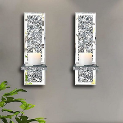 Biznest Set Of 2 Silver Crystal Wall Sconce Candle Holders Mirrored With Crushed Diamond Design 38X11X10 Cm (Rectangle) from B&Q
