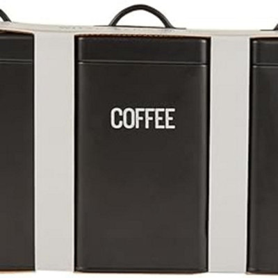 Biznest Set 0F 3 Black Matte Canisters Label Tags Tea-Coffee-Sugar Jar Containers Bread Bin Metal Storage 20.5X42X25 Cm from B&Q