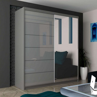  Sliding Wardrobes 4U Fletche High Gloss Mirror Sliding Door Wardrobe In 3 Colors And 3 Sizes (Grey W1800mm H2000mm)