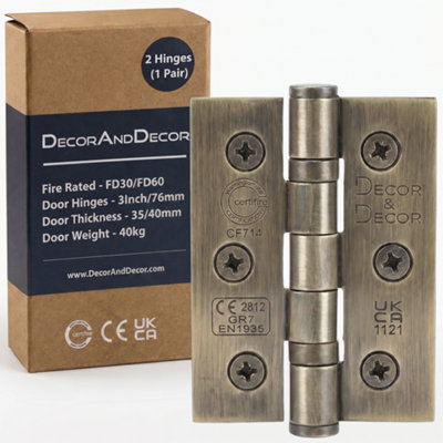 DecoranddecorFire Rated Ball Bearing Door Hinge 76mm (3 Inch)Antique BrassPair (2 Hinges) from B&Q