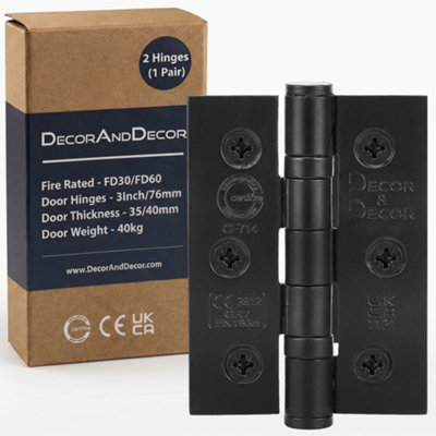 DecoranddecorFire Rated Ball Bearing Door Hinge 76mm (3 Inch)Matt BlackPair (2 Hinges) from B&Q