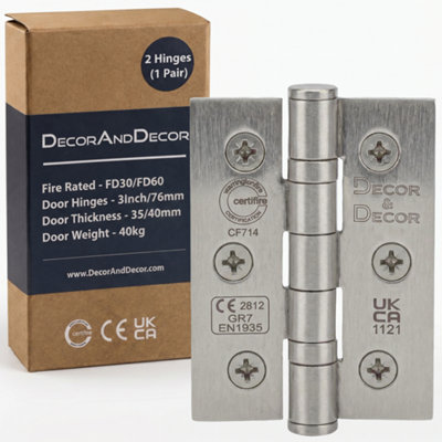 DecoranddecorFire Rated Ball Bearing Door Hinge 76mm (3 Inch)Satin NickelPair (2 Hinges) from B&Q
