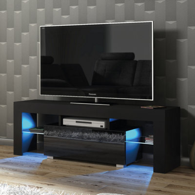 B&Q - Floe Tv Unit 130Cm Black With High Gloss Doors And Led LightingCreative Furniture