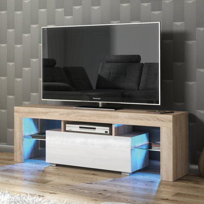 B&Q - Floe Tv Unit 130Cm Oak & White With High Gloss Doors And Led LightingCreative Furniture