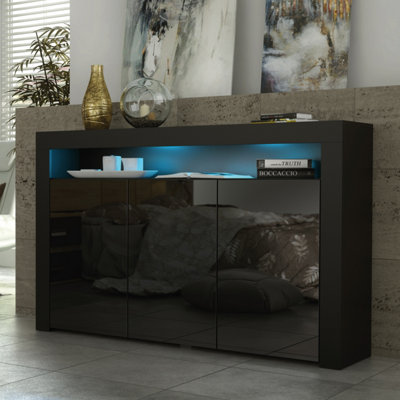 Creative Furniture Black Aether Sideboard With High Gloss Doors And Led Lighting 155Cm