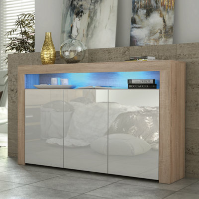 B&Q - Aether Sideboard 155Cm Oak & White With High Gloss Doors And Led LightingCreative Furniture