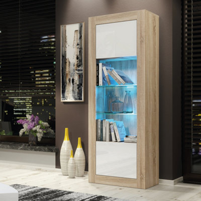 B&Q - Illume Display Cabinet 170Cm Oak & White With High Gloss Doors And Led LightingCreative Furniture