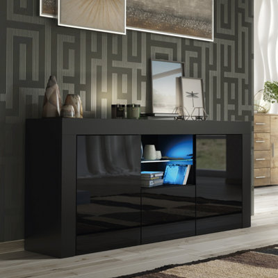 B&Q - Aurora Sideboard 145Cm Black With High Gloss Doors And Led LightingCreative Furniture