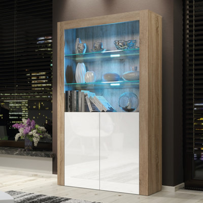 B&Q - Spectrum Display Cabinet 170Cm Oak & White With High Gloss Doors And Led LightingCreative Furniture