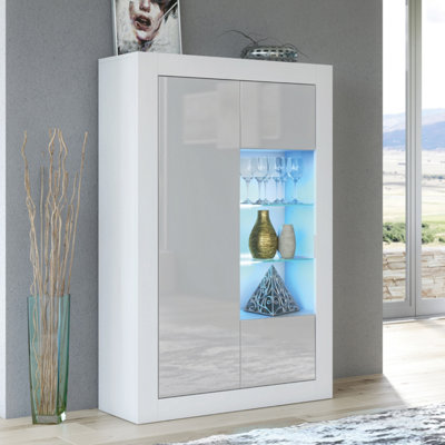 B&Q - Arcadia Display Cabinet 140Cm White & Grey With High Gloss Doors And Led LightingCreative Furniture
