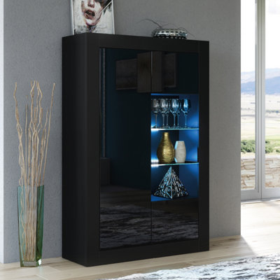 B&Q - Arcadia Display Cabinet 140Cm Black With High Gloss Doors And Led LightingCreative Furniture