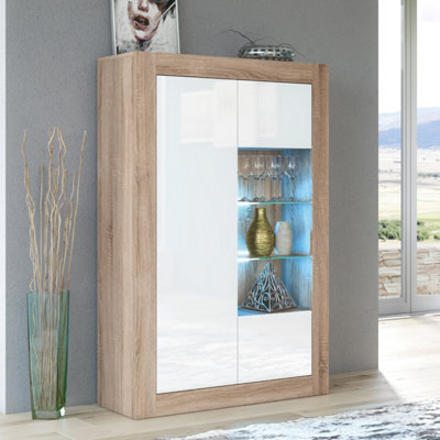 B&Q - Arcadia Display Cabinet 140Cm Oak & White With High Gloss Doors And Led LightingCreative Furniture