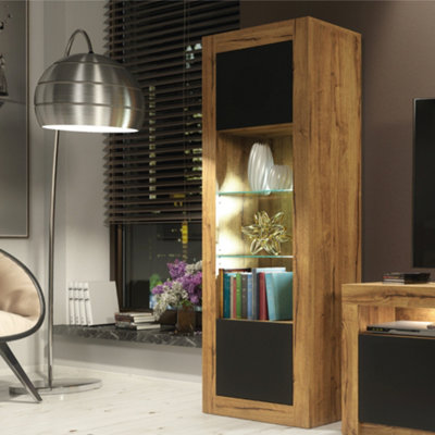 B&Q - Illume Display Cabinet 170Cm Oak & Black Matt Doors And Led LightingCreative Furniture