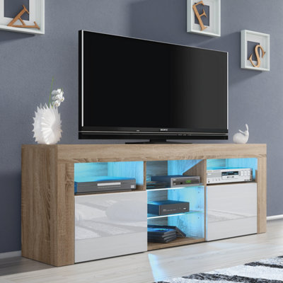 Pulse Tv Unit 145Cm Oak And White High Gloss Doors With Led LightingCreative Furniture from B&Q