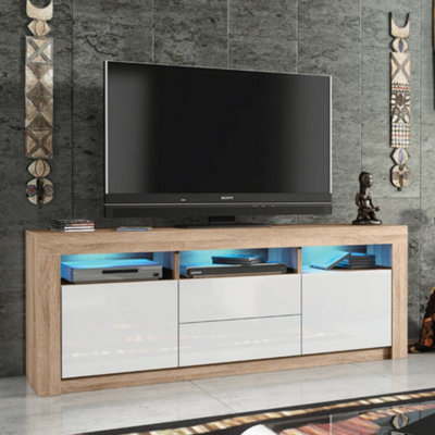 Mex Furniture White Spacious 160Cm Tv Unit & Cabinet With High Gloss Doors And Free Led - 160 Cm - Mdf/Chipboard - Oak Matt Body & Gloss Doors - Image 3