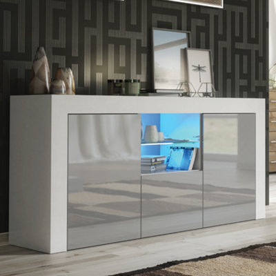  - Tv Unit 145Cm Sideboard Cabinet Cupboard Tv Stand Living Room High Gloss DoorsWhite & Grey