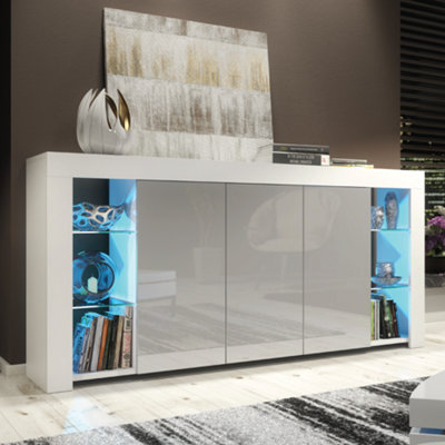 B&Q Sideboard Tv Unit Display Cabinet Cupboard Tv Stand Living Room High Gloss Doors - & White/Grey