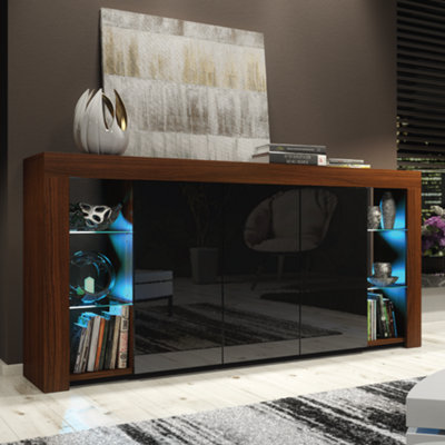 B&Q Black Sideboard Tv Unit Display Cabinet Cupboard Tv Stand Living Room High Gloss Doors - Walnut &