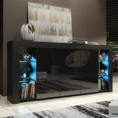 B&Q Black Sideboard Tv Unit Display Cabinet Cupboard Tv Stand Living Room High Gloss Doors