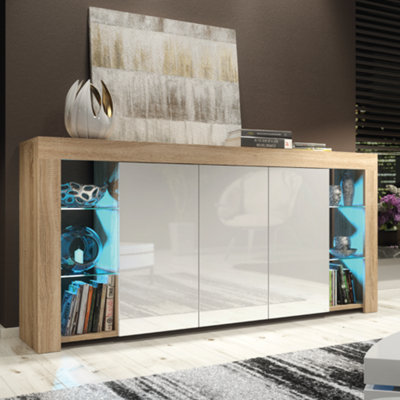 B&Q White Sideboard Tv Unit Display Cabinet Cupboard Tv Stand Living Room High Gloss Doors - Oak &