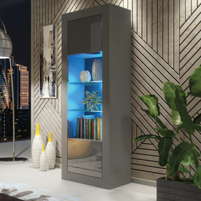 B&Q - Illume Display Cabinet 170Cm Dark Grey With High Gloss Doors And Led LightingCreative Furniture