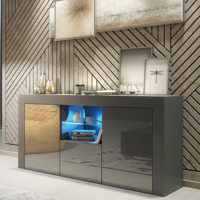 B&Q - Aurora Sideboard 145Cm Dark Grey With High Gloss Doors And Led LightingCreative Furniture
