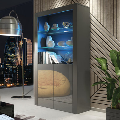 Creative Furniture Dark/Grey Spectrum Display Cabinet With High Gloss Doors And Led Lighting 170Cm