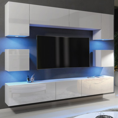 Creative Furniture Panorama Wall Tv Unit With High Gloss Doors And Led Lighting White
