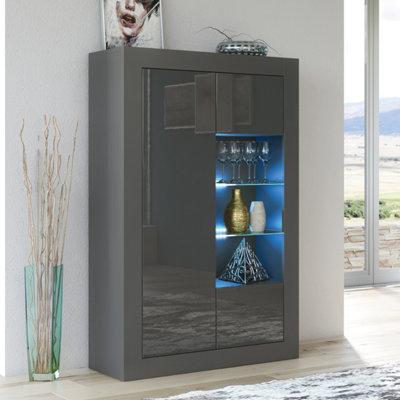 B&Q - Arcadia Display Cabinet 140Cm Dark Grey With High Gloss Doors And Led LightingCreative Furniture