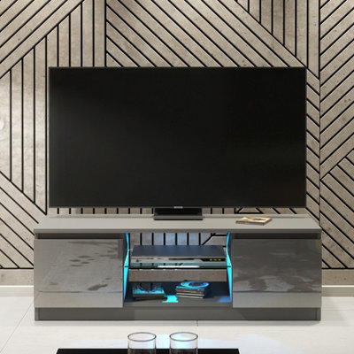  - Tv Unit 120Cm Modern Dark Grey Stand Gloss Doors Free Led