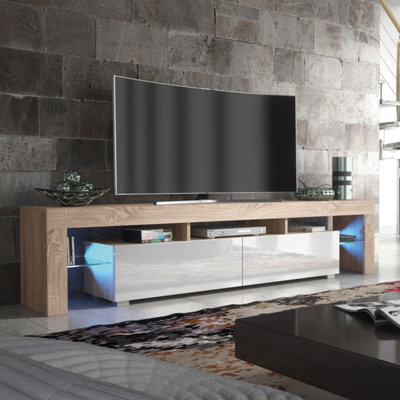 Creative Furniture White Nova Tv Unit Oak And High Gloss Doors With Led Lighting 200Cm