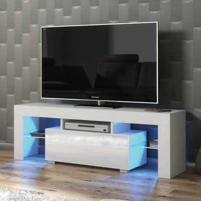 Creative Furniture White Floe Tv Unit With High Gloss Doors And Led Lighting 130Cm