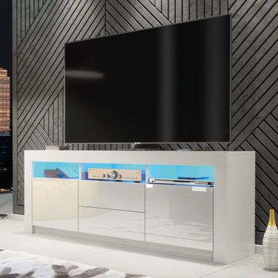 Creative Furniture White Shine Tv Unit With High Gloss Doors And Led Lighting 160Cm